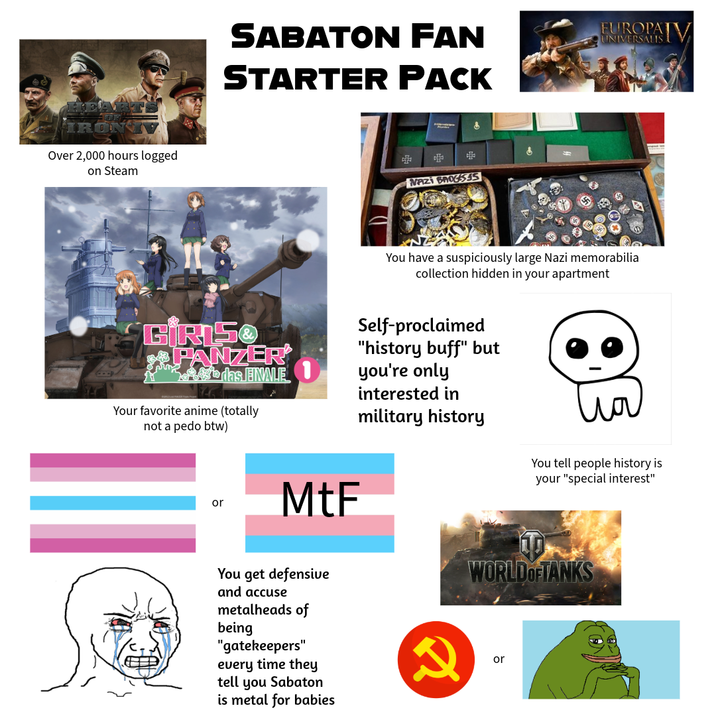 Over 2,000 hours logged on Steam SABATON FAN STARTER PACK EUROPAT UNIVERSALIS V + + & NAZI BAOGSSS You have a suspiciously large Nazi memorabilia collection hidden in your apartment GIRIS PANZER das FINALE Your favorite anime (totally not a p--- btw) Self-proclaimed "history buff" but you're only interested in military history You tell people history is your "special interest" or MtF You get defensive and accuse metalheads of being "gatekeepers" every time they tell you Sabaton is metal for babies WORLD OF TANKS Q or