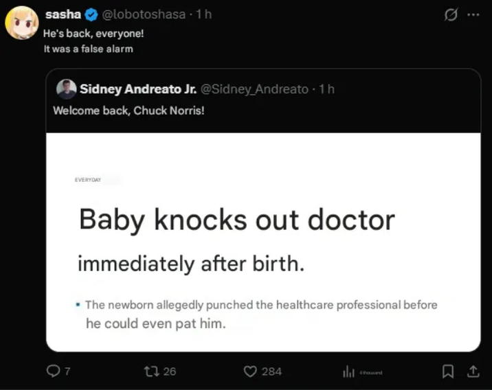 sasha @lobotoshasa 1 h - 1h He's back, everyone! It was a false alarm Sidney Andreato Jr. @Sidney Andreato - 1h Welcome back, Chuck Norris! Q7 EVERYDAY Baby knocks out doctor immediately after birth. • The newborn allegedly punched the healthcare professional before he could even pat him. 2726 284 ht 4th
