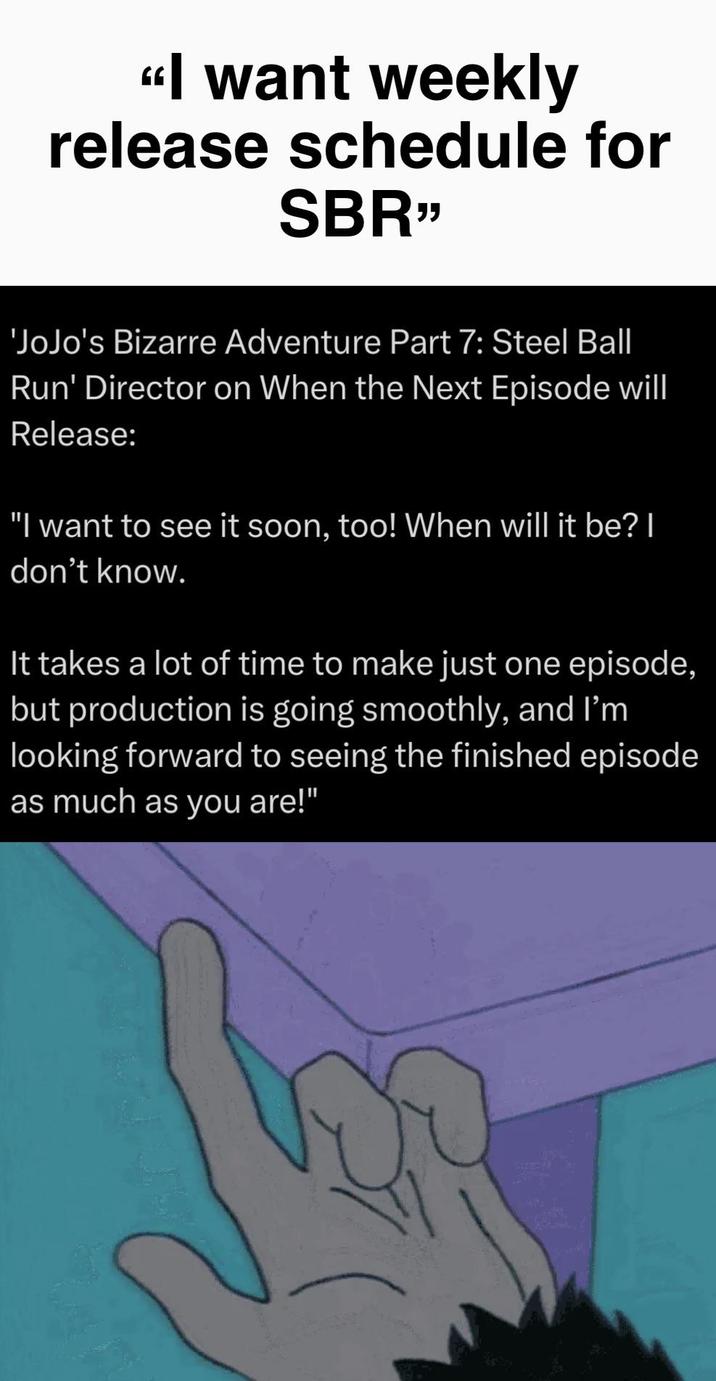 "I want weekly release schedule for SBR" 'JoJo's Bizarre Adventure Part 7: Steel Ball Run' Director on When the Next Episode will Release: "I want to see it soon, too! When will it be? I don't know. It takes a lot of time to make just one episode, but production is going smoothly, and I'm looking forward to seeing the finished episode as much as you are!"