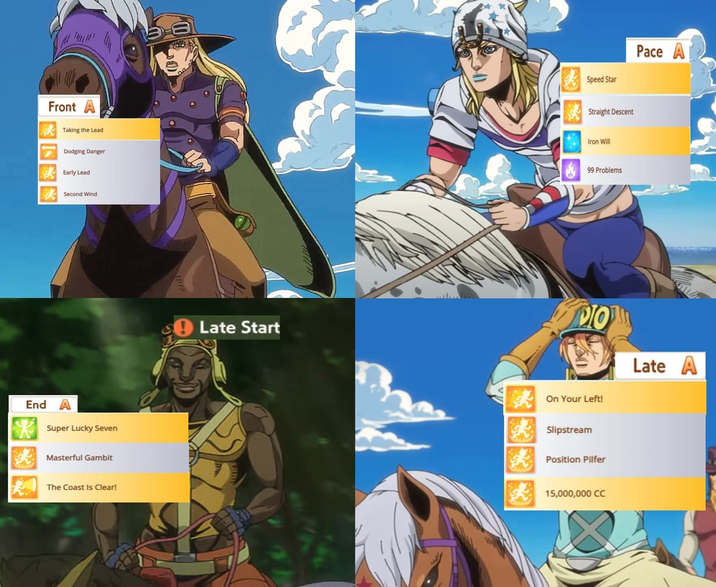 Front A Taking the Lead Dodging Danger Early Lead Second Wind End A Super Lucky Seven Masterful Gambit The Coast Is Clear! Late Start Speed Star Pace A Straight Descent Iron Will 99 Problems On Your Left! Slipstream Position Pilfer 15,000,000 CC Late A