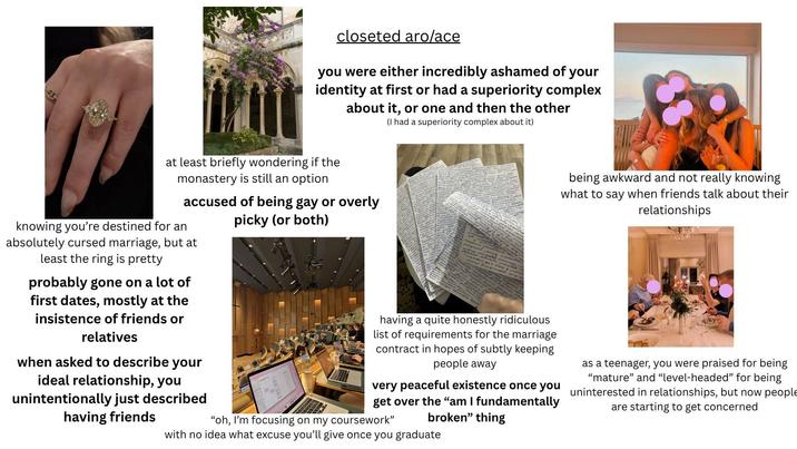 closeted aro/ace you were either incredibly ashamed of your identity at first or had a superiority complex about it, or one and then the other (I had a superiority complex about it) at least briefly wondering if the monastery is still an option accused of being gay or overly picky (or both) knowing you're destined for an absolutely cursed marriage, but at least the ring is pretty probably gone on a lot of first dates, mostly at the insistence of friends or relatives when asked to describe your ideal relationship, you unintentionally just described having friends C F seth dom's won & anton いか * being awkward and not really knowing what to say when friends talk about their relationships having a quite honestly ridiculous list of requirements for the marriage contract in hopes of subtly keeping people away very peaceful existence once you get over the "am I fundamentally broken" thing "oh, I'm focusing on my coursework" with no idea what excuse you'll give once you graduate as a teenager, you were praised for being "mature" and "level-headed" for being uninterested in relationships, but now people are starting to get concerned
