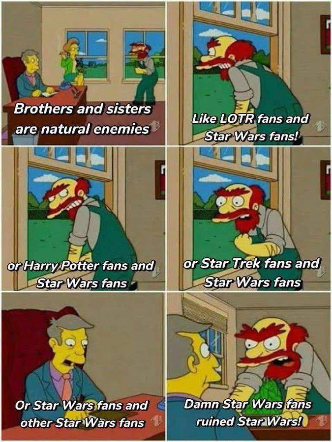 Brothers and sisters Like LOTR fans and are natural enemies Star Wars fans! On or Harry Potter fans and Star Wars fans or Star Trek fans and Star Wars fans Or Star Wars fans and other Star Wars fans Damn Star Wars fans ruined Star Wars!