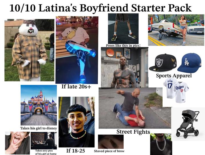 10/10 Latina's Boyfriend Starter Pack Takes his girl to disney Takes sexy pics of his girl at home If late 20s+ Poses like this in pics: Street Fights If 18-25 Shaved piece of brow RAIDERS A Sports Apparel W OHTANI 17 Dodgers 17