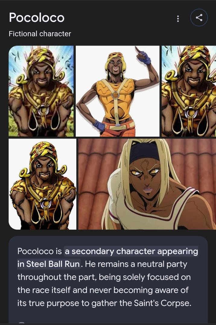 Pocoloco Fictional character : Pocoloco is a secondary character appearing in Steel Ball Run. He remains a neutral party throughout the part, being solely focused on the race itself and never becoming aware of its true purpose to gather the Saint's Corpse.