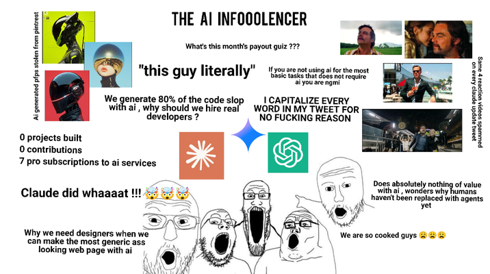 Ai generated pfps stolen from pintrest O projects built O contributions THE AI INFOOOLENCER What's this month's payout guiz ??? "this guy literally" We generate 80% of the code slop with ai, why should we hire real developers ? 7 pro subscriptions to ai services Claude did whaaaat !!! If you are not using ai for the most basic tasks that does not require ai you are ngmi I CAPITALIZE EVERY WORD IN MY TWEET FOR NO F------ REASON on every claude update tweet Same 4 reaction videos spammed Does absolutely nothing of value with ai, wonders why humans haven't been replaced with agents yet Why we need designers when we can make the most generic ass looking web page with ai We are so cooked guys ***