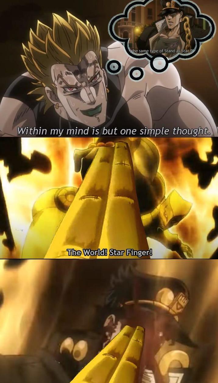 the same type of Stand as Star P Within my mind is but one simple thought. The World! Star Finger!