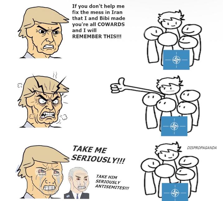 If you don't help me fix the mess in Iran that I and Bibi made you're all COWARDS and I will REMEMBER THIS!!! TAKE ME SERIOUSLY!!! D TAKE HIM SERIOUSLY ANTISEMITES!!! DISPROPAGANDA