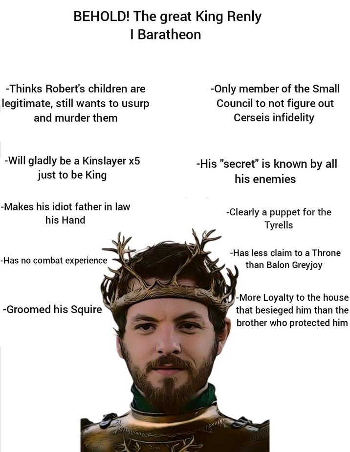 BEHOLD! The great King Renly I Baratheon -Thinks Robert's children are legitimate, still wants to usurp and murder them -Only member of the Small Council to not figure out Cerseis infidelity -Will gladly be a Kinslayer x5 just to be King -Makes his idiot father in law his Hand -His "secret" is known by all his enemies -Has no combat experience -Groomed his Squire -Clearly a puppet for the Tyrells -Has less claim to a Throne than Balon Greyjoy -More Loyalty to the house that besieged him than the brother who protected him