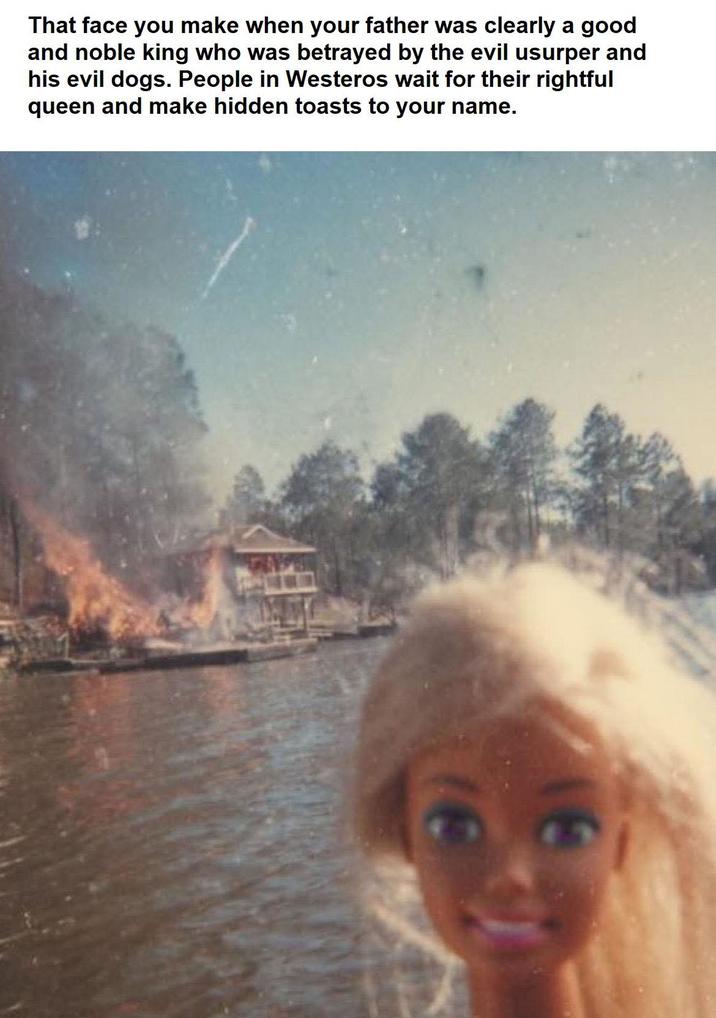 That face you make when your father was clearly a good and noble king who was betrayed by the evil usurper and his evil dogs. People in Westeros wait for their rightful queen and make hidden toasts to your name.