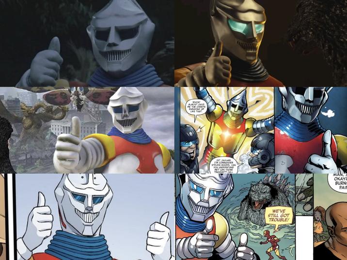 نا WHOA! ALMOST GAVE ME THE CREEPS SNEAKING UP LIKE THAT. JET JAGUAR I'M COMMANDER STEVEN WOODS. CAN YOU UNDERSTAND ME? CAN THOSE TRANSMIT? CALL 2 WE'VE STILL GOT TROUBLE! MAN, P OKAY? BURNS PAIN