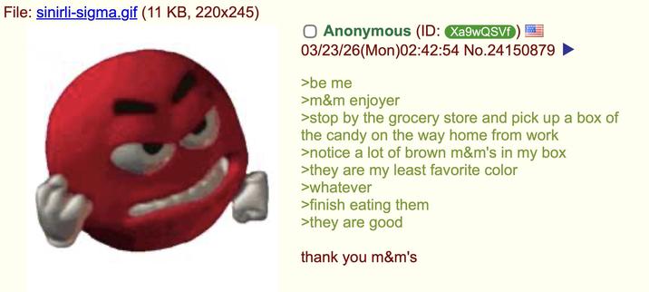 File: sinirli-sigma.gif (11 KB, 220x245) ☐ Anonymous (ID: Xa9wQSVf 03/23/26(Mon)02:42:54 No.24150879 >be me >m&m enjoyer >stop by the grocery store and pick up a box of the candy on the way home from work >notice a lot of brown m&m's in my box >they are my least favorite color >whatever >finish eating them >they are good thank you m&m's