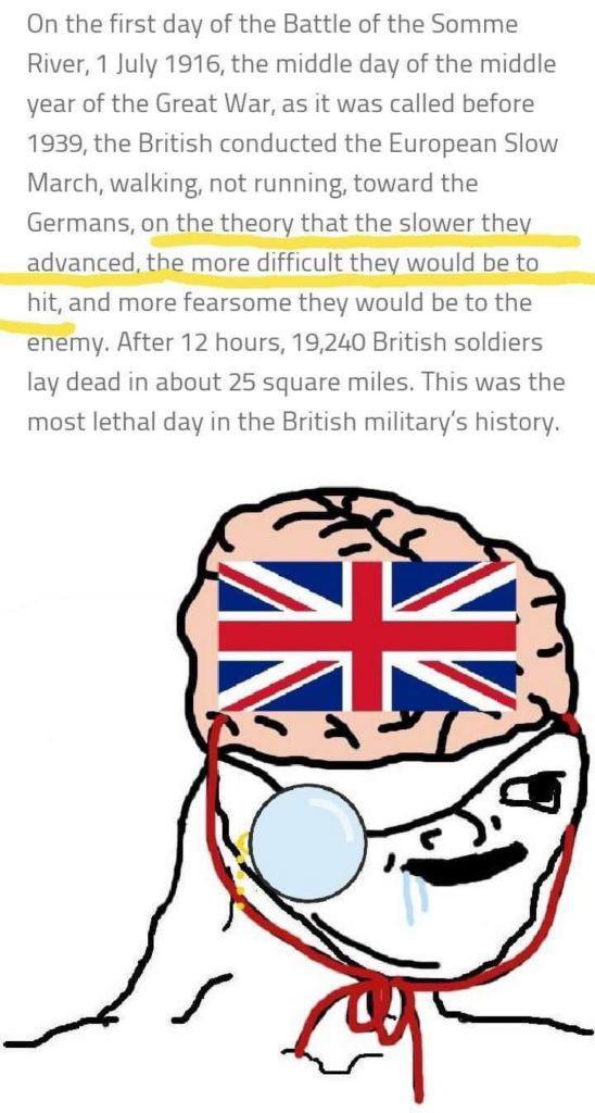 On the first day of the Battle of the Somme River, 1 July 1916, the middle day of the middle year of the Great War, as it was called before 1939, the British conducted the European Slow March, walking, not running, toward the Germans, on the theory that the slower they advanced, the more difficult they would be to hit, and more fearsome they would be to the enemy. After 12 hours, 19,240 British soldiers lay dead in about 25 square miles. This was the most lethal day in the British military's history.