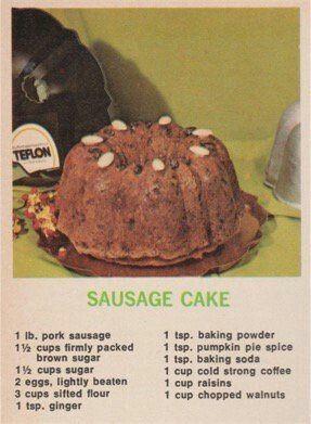 TEFLON SAUSAGE CAKE 1 lb. pork sausage 1½ cups firmly packed brown sugar 1½ cups sugar 2 eggs, lightly beaten cups sifted flour 3 1 tsp. ginger 1 tsp. baking powder 1 tsp. pumpkin pie spice 1 tsp. baking soda 1 cup cold strong coffee 1 cup raisins 1 cup chopped walnuts