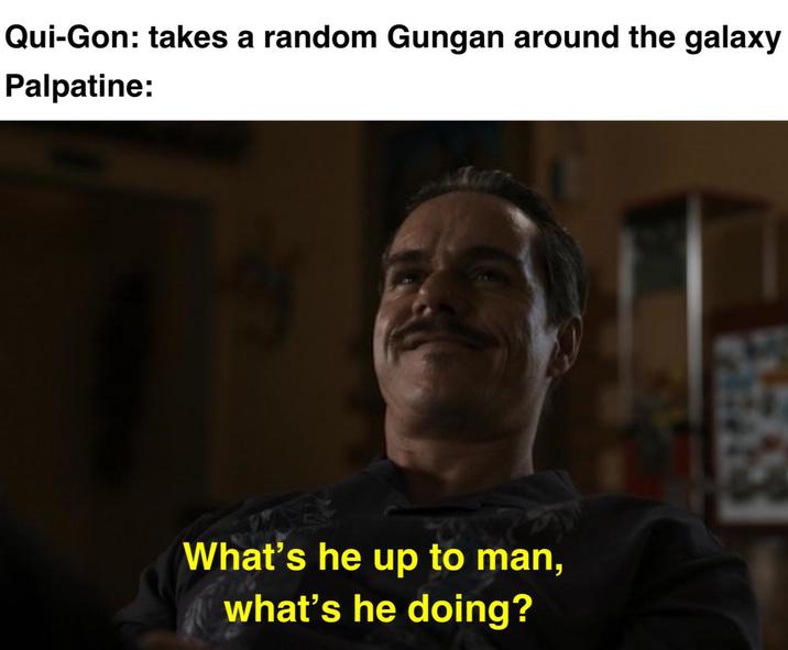 Qui-Gon: takes a random Gungan around the galaxy Palpatine: 9 What's he up to man, what's he doing?