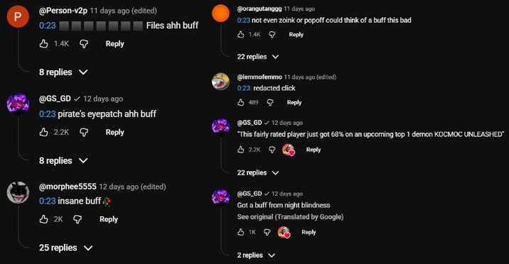 @Person-v2p 11 days ago (edited) P 0:23 Files ahh buff 1.4K Reply @orangutanggg 11 days ago 0:23 not even zoink or popoff could think of a buff this bad 1.4K Reply 8 replies @GS_GD ✓ 12 days ago 0:23 pirate's eyepatch ahh buff 2.2K 8 replies Reply @morphee5555 12 days ago (edited) 0:23 insane buff. 2K Reply 22 replies @lemmofemmo 11 days ago (edited) 0:23 redacted click 489 Reply @GS_GD 12 days ago "This fairly rated player just got 68% on an upcoming top 1 demon KOCMOC UNLEASHED" 2.2K 22 replies @GS_GD 12 days ago Reply Got a buff from night blindness See original (Translated by Google) 25 replies ▼ 1K 2 replies ▼ Reply