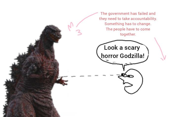 M The government has failed and they need to take accountability. Something has to change. The people have to come together. Look a scary horror Godzilla!
