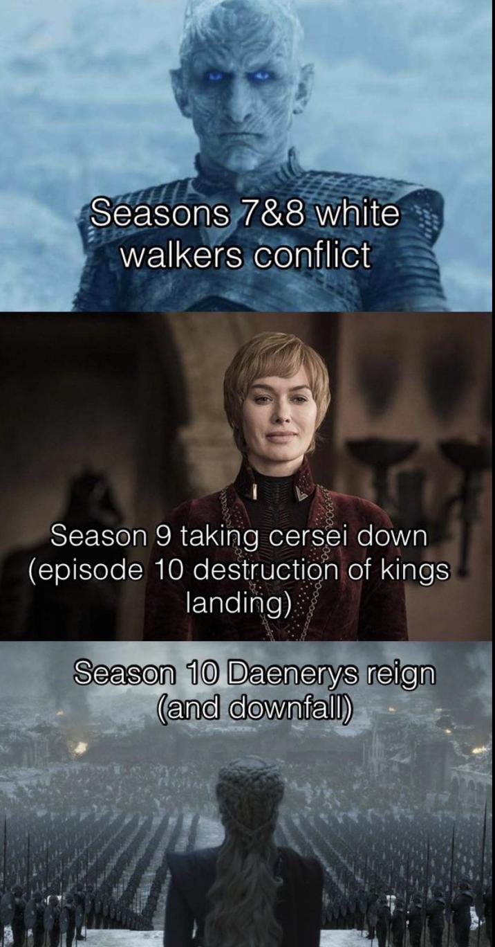 Seasons 7&8 white walkers conflict Season 9 taking cersei down (episode 10 destruction of kings landing) Season 10 Daenerys reign (and downfall)