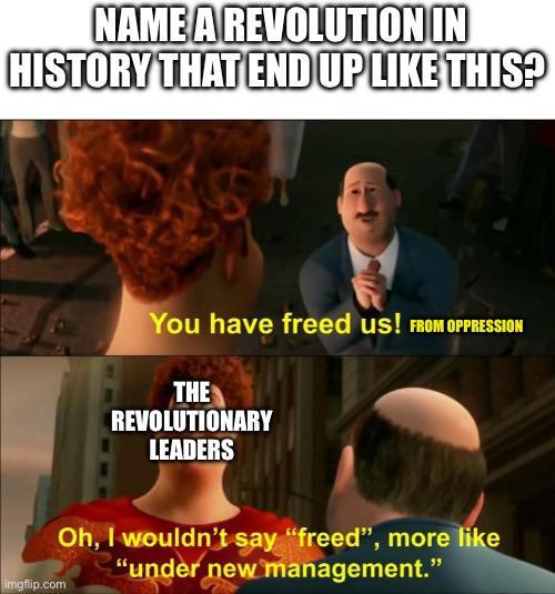 NAME A REVOLUTION IN HISTORY THAT END UP LIKE THIS? imgflip.com You have freed us! FROM OPPRESSION THE REVOLUTIONARY LEADERS Oh, I wouldn't say "freed", more like "under new management."