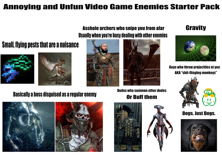 Annoying and Unfun Video Game Enemies Starter Pack A------ archers who snipe you from afar Usually when you're busy dealing with other enemies Gravity Small, flying pests that are a nuisance Dudes who summon other dudes Basically a boss disguised as a regular enemy Or Buff them Guys who throw projectiles at you AKA "s----flinging monkeys" Dogs. Just Dogs.