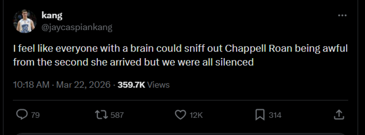 kang @jaycaspiankang I feel like everyone with a brain could sniff out Chappell Roan being awful from the second she arrived but we were all silenced 10:18 AM - Mar 22, 2026 - 359.7K Views 79 7587 12K 314 ↑