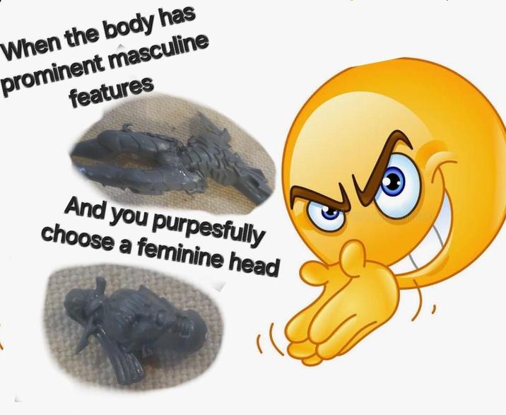 When the body has prominent masculine features And you purpesfully choose a feminine head