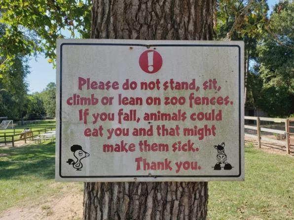 Please do not stand, sit, climb or lean on zoo fences. If you fall, animals could eat you and that might make them sick. Thank you.