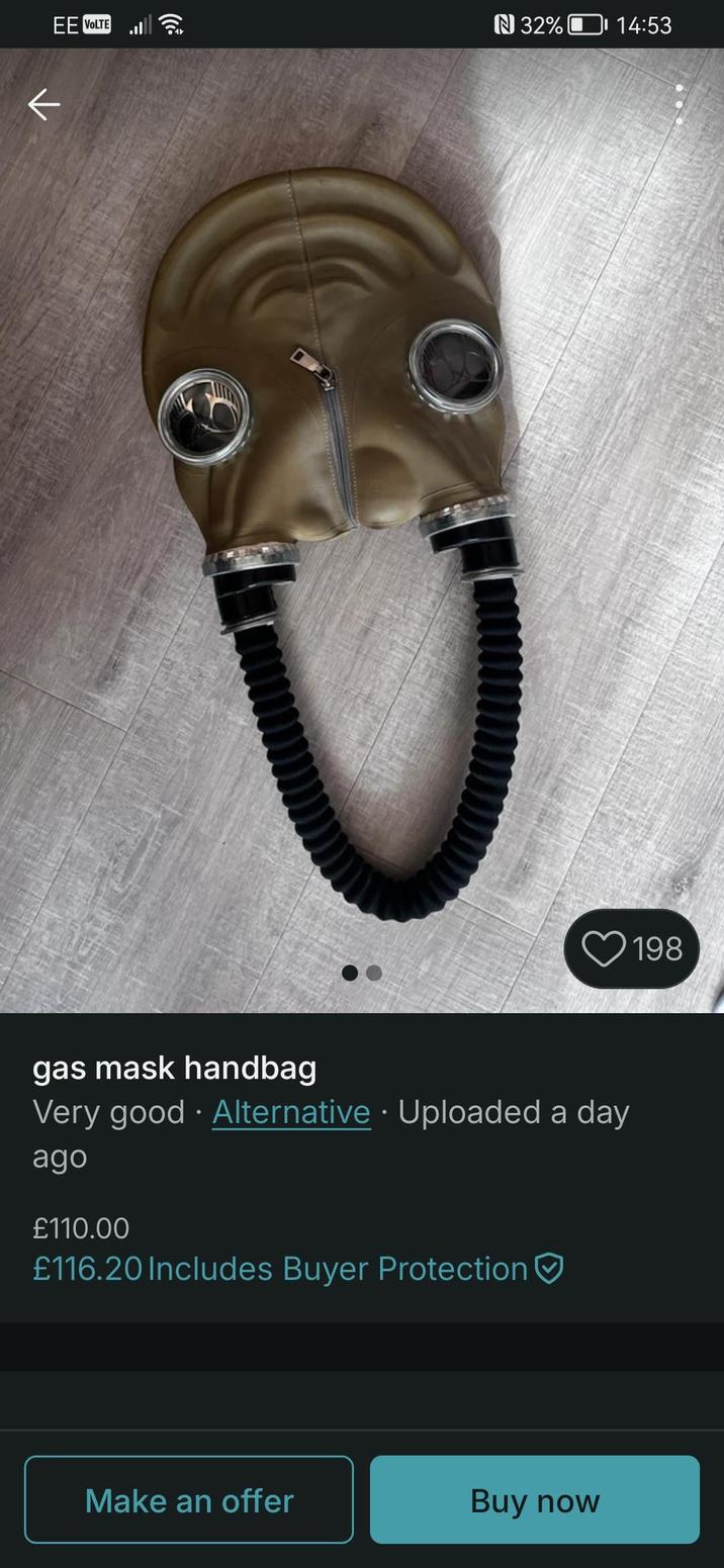 EE VOLTE 32% 14:53 K 198 gas mask handbag Very good. Alternative · Uploaded a day ago £110.00 £116.20 Includes Buyer Protection Make an offer Buy now