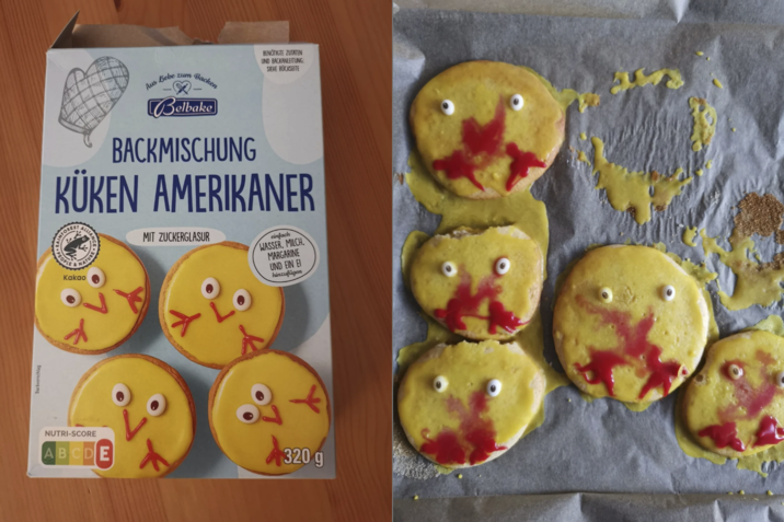 Backvorschlag NUTRI-SCORE ABCDE Aus Liebe zum Backen Belbake BACKMISCHUNG BENÖTIGTE ZUTATEN UND BACKANLEITUNG: SIEHE RÜCKSEITE KÜKEN AMERIKANER FOREST PEOPLE ALLIANC NATURE Kakao MIT ZUCKERGLASUR einfach WASSER. MILCH MARGARINE UND EIN EI hinzufügen 320 g