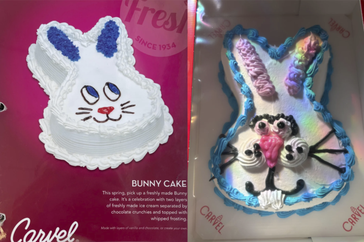 Fresh SINCE 1934 == CARVEL Carvel BUNNY CAKE This spring, pick up a freshly made Bunny cake. It's a celebration with two layers of freshly made ice cream separated by chocolate crunchies and topped with whipped frosting. Made with layers of vanilla and chocolate, or create your own. CARVEL CARVE