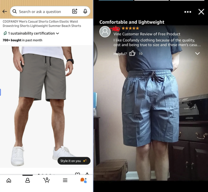 Search or ask a question COOFANDY Men's Casual Shorts Cotton Elastic Waist Drawstring Shorts Lightweight Summer Beach Shorts 1 sustainability certification 700+ bought in past month Comfortable and lightweight Vine Customer Review of Free Product Х I like Coofandy clothing because of the quality, cost and being true to size and these men's casu... Helpful? 10 G 8 Style it on you 1º = III 3 __↑