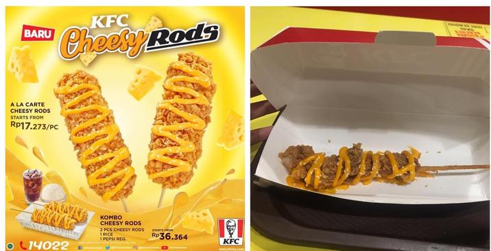 BARU A LA CARTE CHEESY RODS STARTS FROM Rp17.273/PC KFC Cheesy Rods 14022 Π KOMBO CHEESY RODS 2 PCS CHEESY RODS 1 RICE 1 PEPSI REG. STARTS FROM Rp36.364 KFC www.kfcku.com