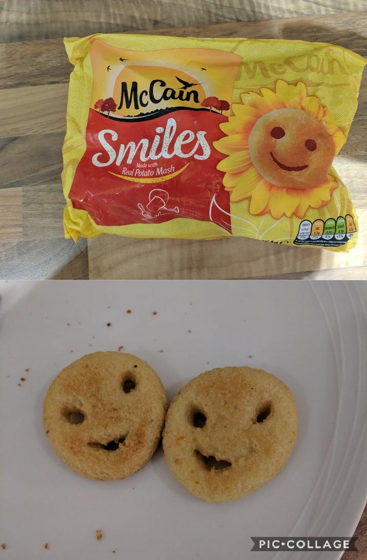 McCain Smiles Made with Real Potato Mash Men ENERGY kcal FAT SATURATES SUGARS 549/131 5.2g 7% 0.50 0.39 034 3% <1% 4% of the race intake er 6g serving ov PIC COLLAGE