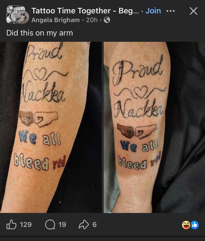 Tattoo Time Together - Beg.... Join Angela Brigham • 20h ⚫ Did this on my arm Proud ♡~ Nackka Proud We all bleed re Nackke We all bleed 129 Q 19 6 ☑