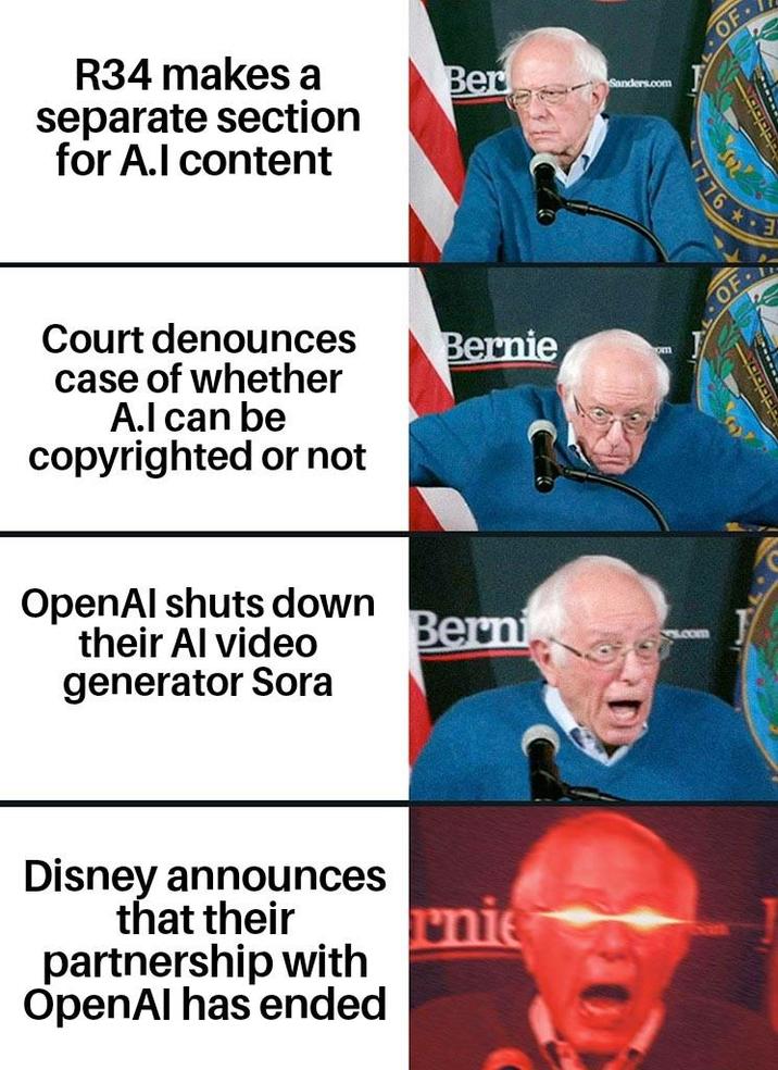 R34 makes a separate section for A.l content Ber Sanders.com Court denounces case of whether A.I can be copyrighted or not Bernie OpenAl shuts down their Al video generator Sora Disney announces that their partnership with OpenAl has ended Berni rnie OF 776