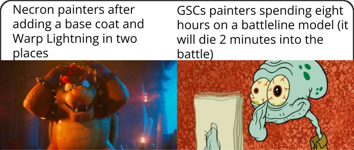 Necron painters after adding a base coat and Warp Lightning in two places GSCs painters spending eight hours on a battleline model (it will die 2 minutes into the battle)