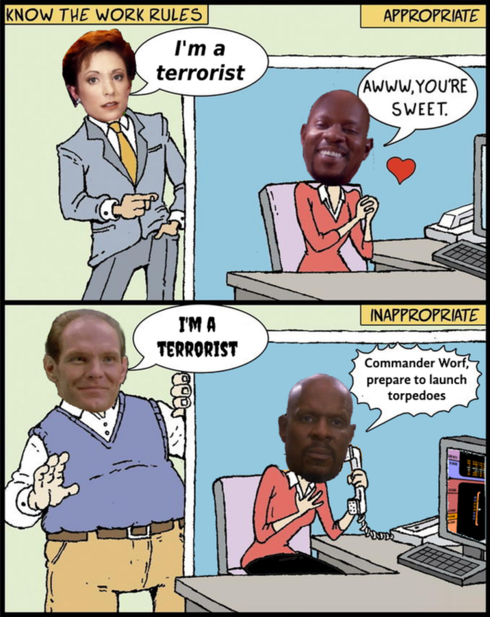 Captain Sisko reacts to Kira, formerly of the Bajoran resistance against Cardassia, then to Eddington, a member of the Maquis resistance against Cardassia.