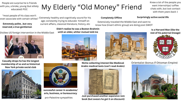 People are surprise he is friends with you, a broke, young (but elitely educated) POC "most people of his class won't even associate with certain whites" Extremely polite, but very reserved; a true gentleman My Elderly "Old Money" Friend Extremely healthy and cognitively sound for his age; constantly trying to educate himself on current affairs, classical literature, history, etc Dislikes US foreign intervention in the Middle East Completely Offline Knew a lot of the people you want internships/ coffee chats with, but lost contact with them years back :( Surprisingly active social life Extensively traveled the Middle East and want to know how [insert ethnic group] are doing post GWOT Didn't realize he was a Boston Brahmin until an older, whiter mutual told me Is a Harvard Man (like the rest of his paternal lineage) الله ام Casually drops he has the longest membership of so and so historical New York private social club VE RI Niche collecting interest like Medieval Arabic medical texts (can't read Arabic) TAS HARVARD Orientalist (bonus if Ottoman Empire) DEPARTMENT STAID VON UNITED STATES OF AMERICA successful career in academia/ arts, business, or bureaucracy pro-Palestine sympathies s ENDI Just purchased another expensive rare book (but swears he got it on discount)