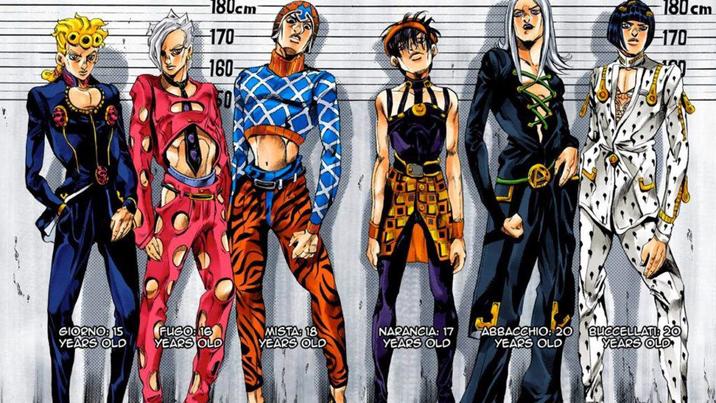 T 180cm 170 160 180cm 170 GIORNO: 15 YEARS OLD FUGO 16 YEARS OLD MISTA: 18 YEARS OLD NARANCIA: 17 YEARS OLD ABBACCHIO: 20 YEARS OLD BUCCELLATI 20 YEARS OLD