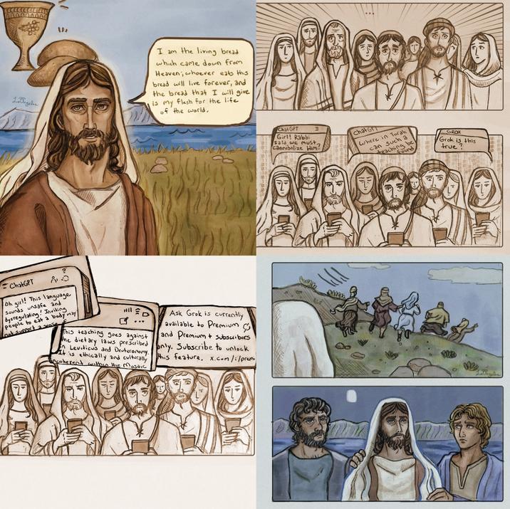 A Lux Angele I am the living bread which came down from Heaven; whoever eats this bread will live forever, and the bread that I will give is my flesh for the life of the world, -ChatGPT 80 Oh girl! This language Sounds unsafe and dysregulating! Inviting people to eat a body may! not support a sense Hill ☑ D This teaching goes against the dietary laws prescribed Ask Grok is currently available to Premium and Premium + Subscribers only. Subscribe to unlock En Leviticus and Deuteronomy. This feature. x.com/i/premi It is ethically and culturally incoherent within the Mosaic Chat GPT Girl! Rabbi said we must 三 cannibalize Him! chat GT Where in Torah can such a teaching be Found GROK Grok is this true? 22 Angelne