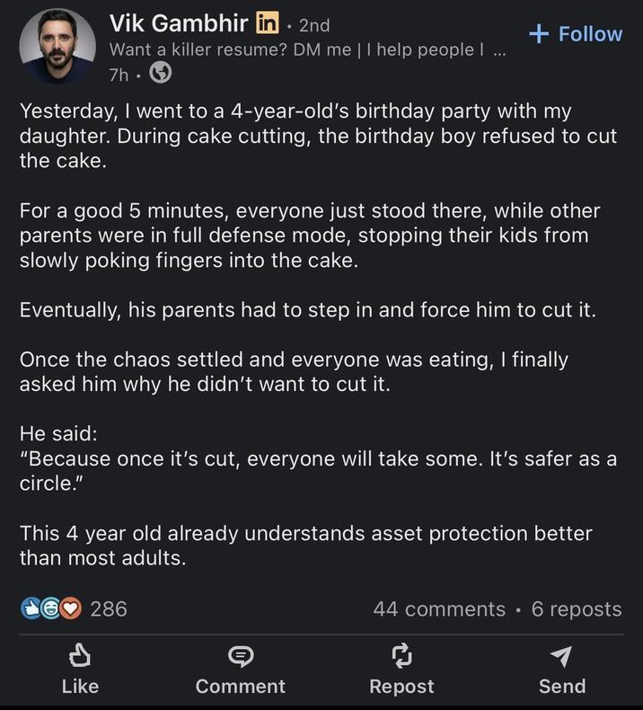 Vik Gambhir in. 2nd Want a killer resume? DM me | I help people | 7h⚫ + Follow Yesterday, I went to a 4-year-old's birthday party with my daughter. During cake cutting, the birthday boy refused to cut the cake. For a good 5 minutes, everyone just stood there, while other parents were in full defense mode, stopping their kids from slowly poking fingers into the cake. Eventually, his parents had to step in and force him to cut it. Once the chaos settled and everyone was eating, I finally asked him why he didn't want to cut it. He said: "Because once it's cut, everyone will take some. It's safer as a circle." This 4 year old already understands asset protection better than most adults. P 286 44 comments • 6 reposts ៨ Like Comment Repost Send