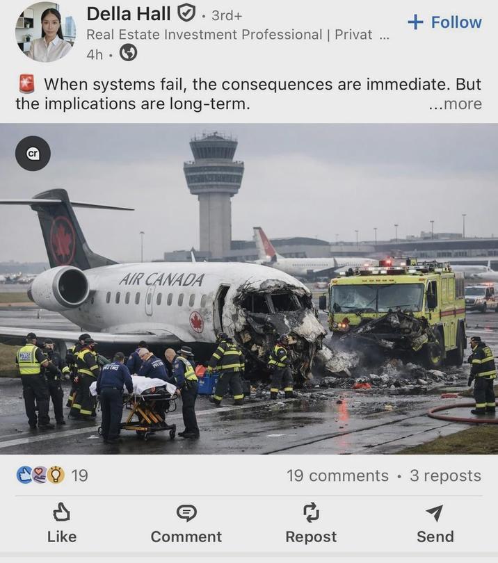Della Hall. 3rd+ Real Estate Investment Professional | Privat ... 4h + Follow When systems fail, the consequences are immediate. But the implications are long-term. ...more POLIGA EMS C2 19 Р AIR CANADA 19 comments • 3 reposts Like Comment Repost Send