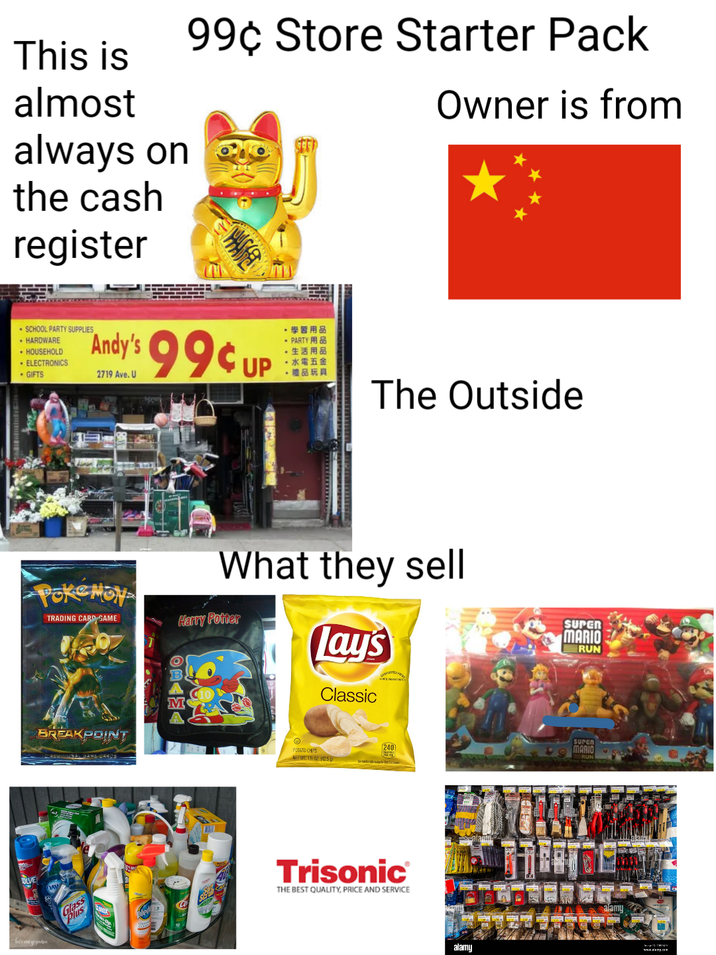 This is almost always on the cash register 99¢ Store Starter Pack Owner is from SCHOOL PARTY SUPPLIES HARDWARE HOUSEHOLD ELECTRONICS GIFTS 99¢ 2719 Ave. U UP ,學習用品 ● PARTY 用品 ,生活用品 ,水電五金 The Outside -Pokemon- TRADING CARD GAME What they sell Harry Potter Lays Classic BREAKPOINT M Glas POTATO CHIPS NET WT. 1% 02 253 SUPER MARIO RUN 240 SUPEN MARIO Pled Trisonic® THE BEST QUALITY, PRICE AND SERVICE alamy