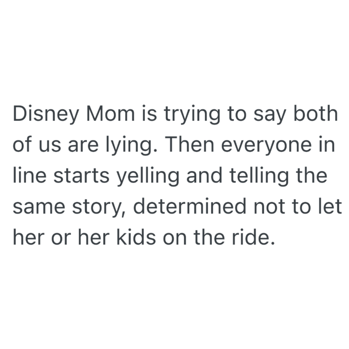 Disney Mom is trying to say both of us are lying. Then everyone in line starts yelling and telling the same story, determined not to let her or her kids on the ride.