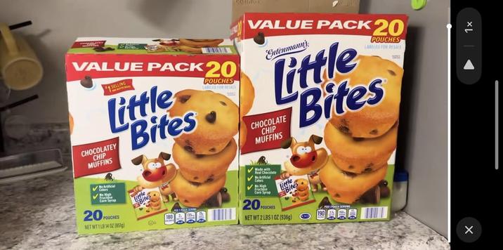 VALUE PACK 20 SELLING Litfires POUCHES LABELED FOR RESACE CHOCOLATEY CHIP MUFFINS No Artificial Colors No High Corn Syrup 20 POUCHES NET WT1LB 14 02 (851g) 1 Tithes. VALUE PACK 20 Entenmann's POUCHES LABELED FOR RESALE Little Bites CHOCOLATE CHIP MUFFINS PER POUCH SERVING Made with Real Chocolate No Artificial Colors No High Corn Syrup 20 POUCHES Lifes NET WT 2 LBS 10Z (936g) 190 PER POUCH SERVING 1x