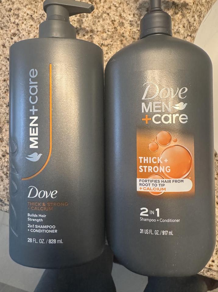 MEN+Care Dove MEN-> +care THICK + STRONG FORTIFIES HAIR FROM ROOT TO TIP +CALCIUM Dove THICK & STRONG + CALCIUM Builds Hair Strength 2in1 SHAMPOO +CONDITIONER 28 FL. OZ./828 mL 2 IN 1 Shampoo + Conditioner 31 US FL. OZ./917 mL