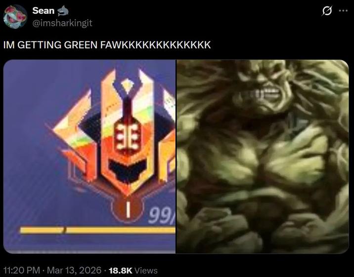 Sean @imsharkingit IM GETTING GREEN FAWKKKKKKKKKKKKK BE 199 11:20 PM · Mar 13, 2026 18.8K Views