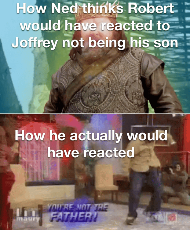 How Ned thinks Robert would have reacted to Joffrey not being his son How he actually would have reacted YOU'RE NOT THE maury FATHER!