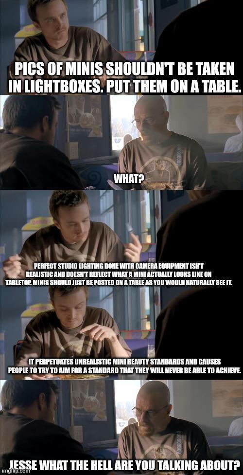 PICS OF MINIS SHOULDN'T BE TAKEN IN LIGHTBOXES. PUT THEM ON A TABLE. WHAT? PERFECT STUDIO LIGHTING DONE WITH CAMERA EQUIPMENT ISN'T REALISTIC AND DOESN'T REFLECT WHAT A MINI ACTUALLY LOOKS LIKE ON TABLETOP. MINIS SHOULD JUST BE POSTED ON A TABLE AS YOU WOULD NATURALLY SEE IT. IT PERPETUATES UNREALISTIC MINI BEAUTY STANDARDS AND CAUSES PEOPLE TO TRY TO AIM FOR A STANDARD THAT THEY WILL NEVER BE ABLE TO ACHIEVE. JESSE WHAT THE HELL ARE YOU TALKING ABOUT? imgflip.com