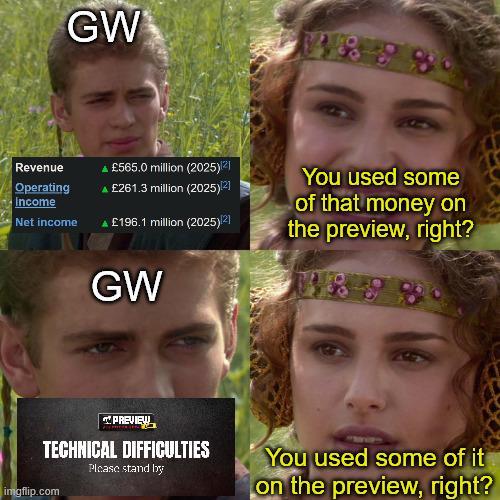 GW Revenue Operating Income Net income * £565.0 million (2025)121 * £261.3 million (2025)[2] A £196.1 million (2025)12] GW You used some of that money on the preview, right? PREVIEW TECHNICAL DIFFICULTIES Please stand by You used some of it on the preview, right? imgflip.com