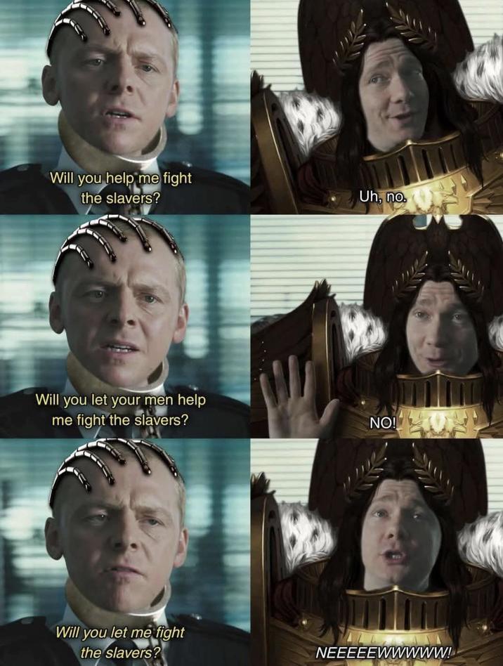 Will you help me fight the slavers? Will you let your men help me fight the slavers? Will you let me fight the slavers? Uh, no. NO! NEEEEEWWWWW!